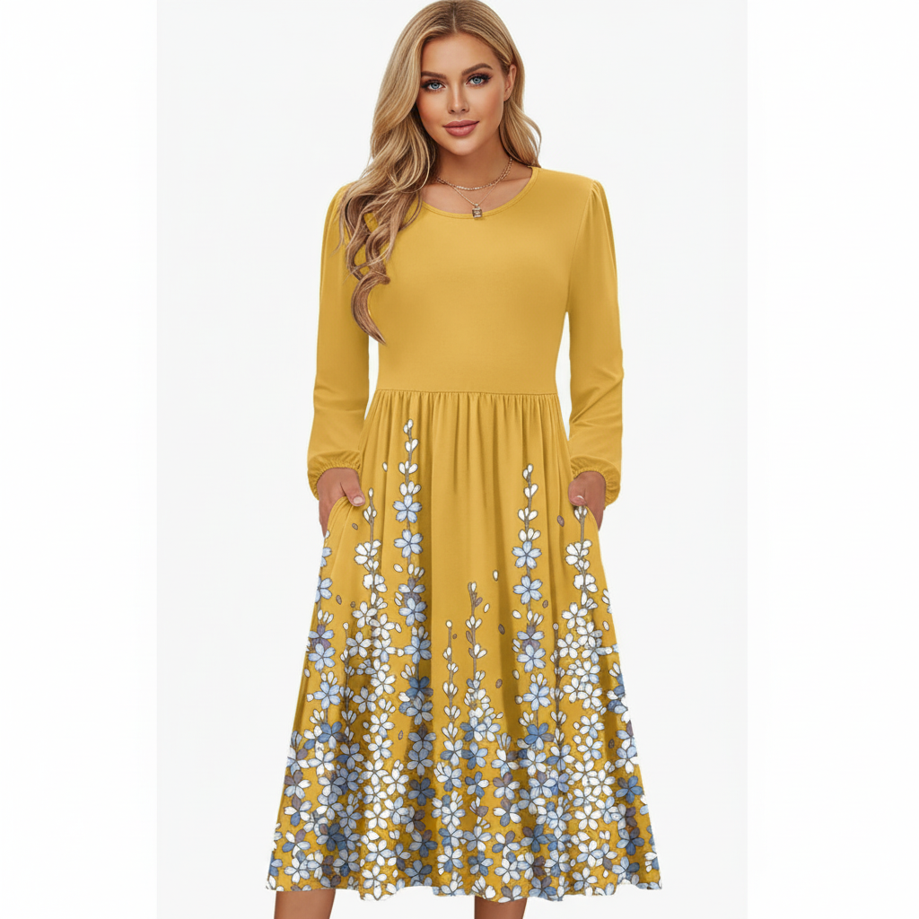 Midnight Blossom Long Sleeve Floral Midi Dress