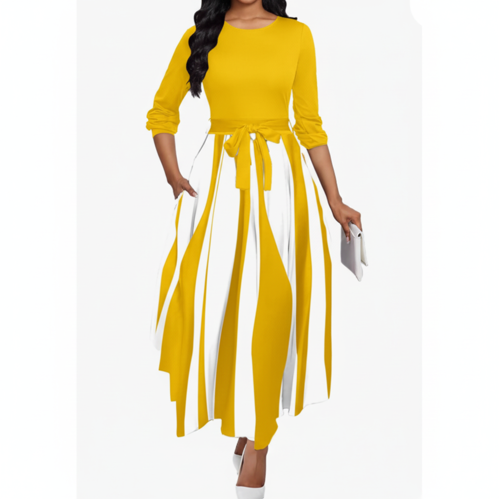 Royal Stripe Elegance A-Line Midi Dress