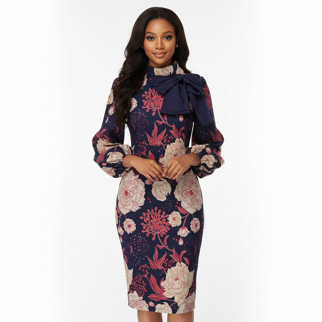 Midnight Garden Floral Bow-Neck Midi Dress