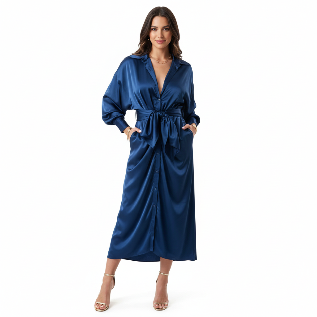 Luxe Tie-Front Satin Midi Dress – Olive Elegance