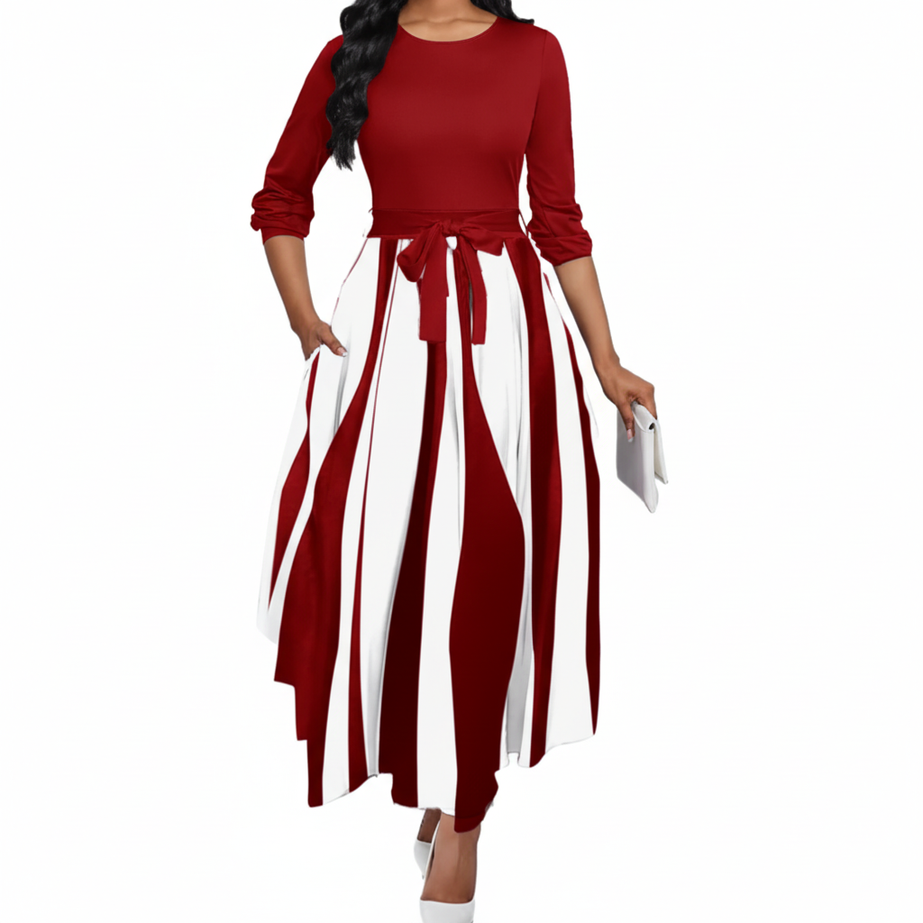 Royal Stripe Elegance A-Line Midi Dress