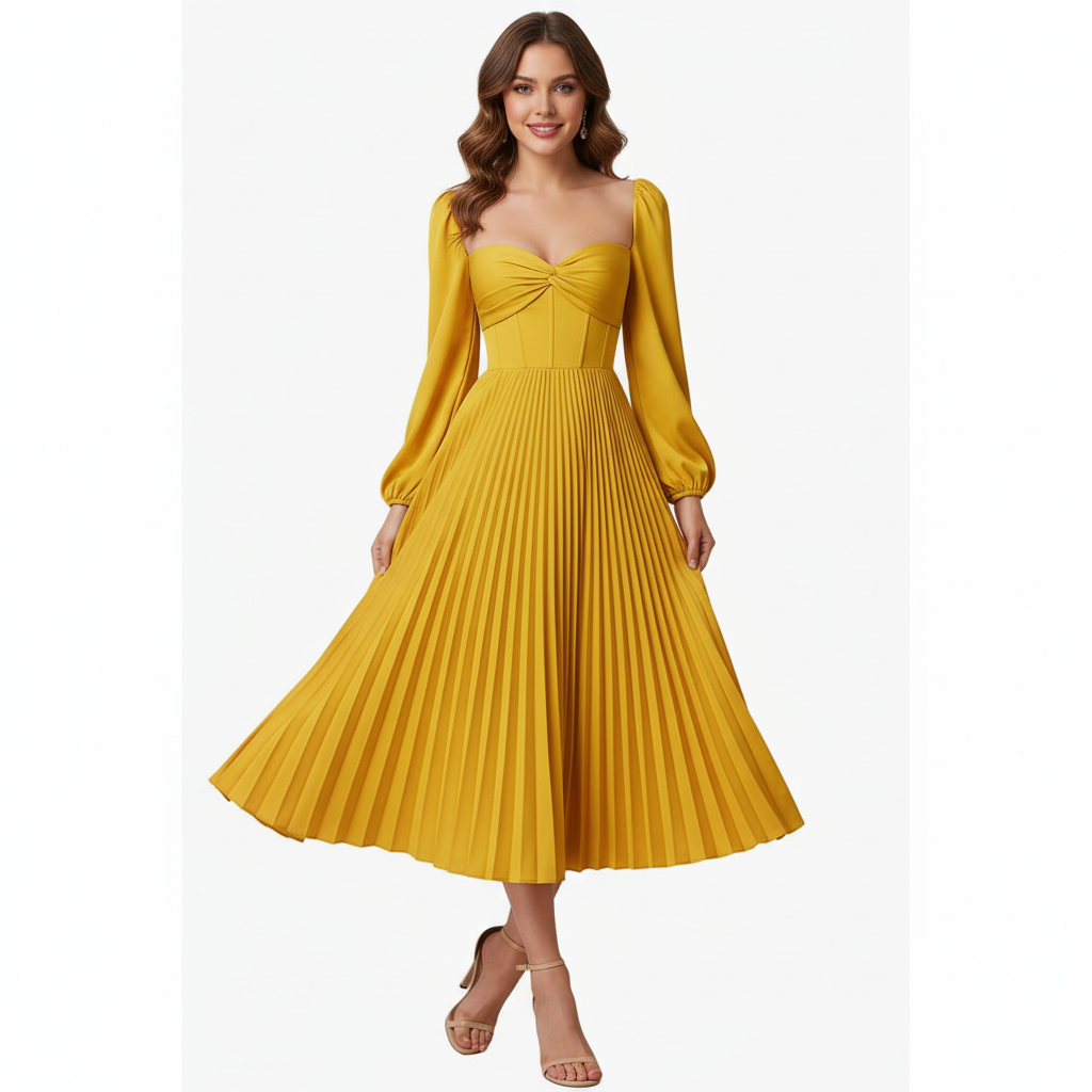 Elegant Pleated Sweetheart Midi Dress – Fuchsia Bloom