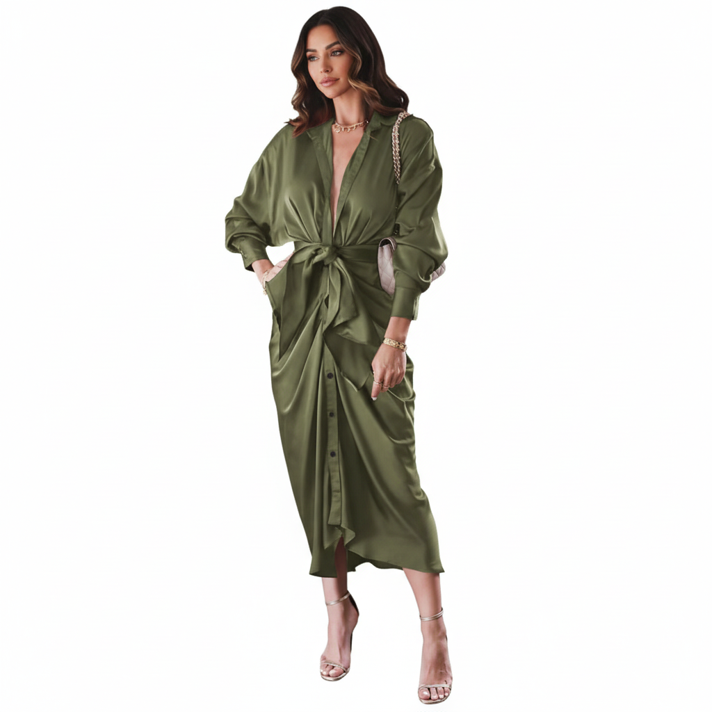 Luxe Tie-Front Satin Midi Dress – Olive Elegance