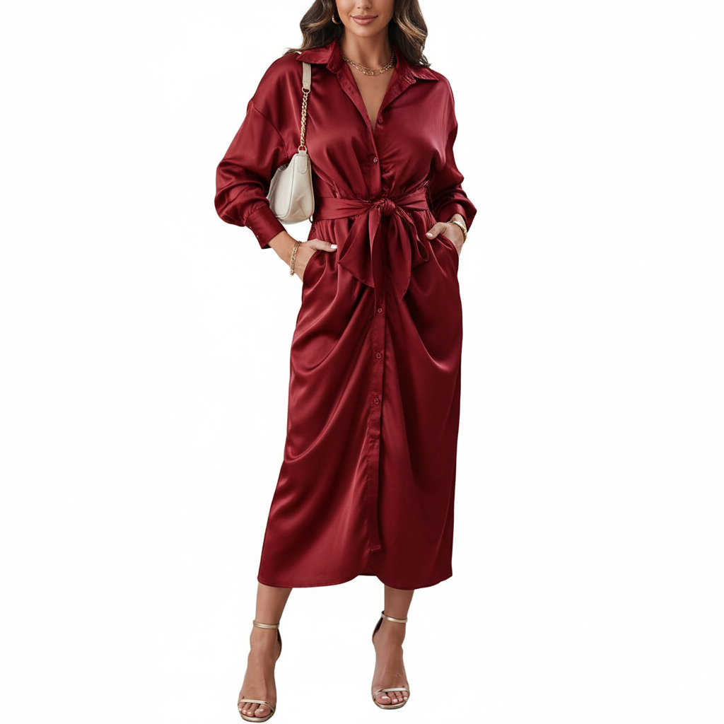 Luxe Tie-Front Satin Midi Dress – Olive Elegance