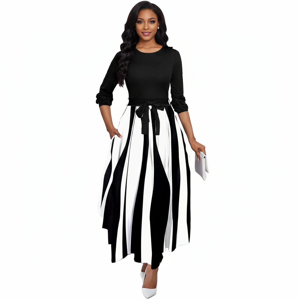 Royal Stripe Elegance A-Line Midi Dress