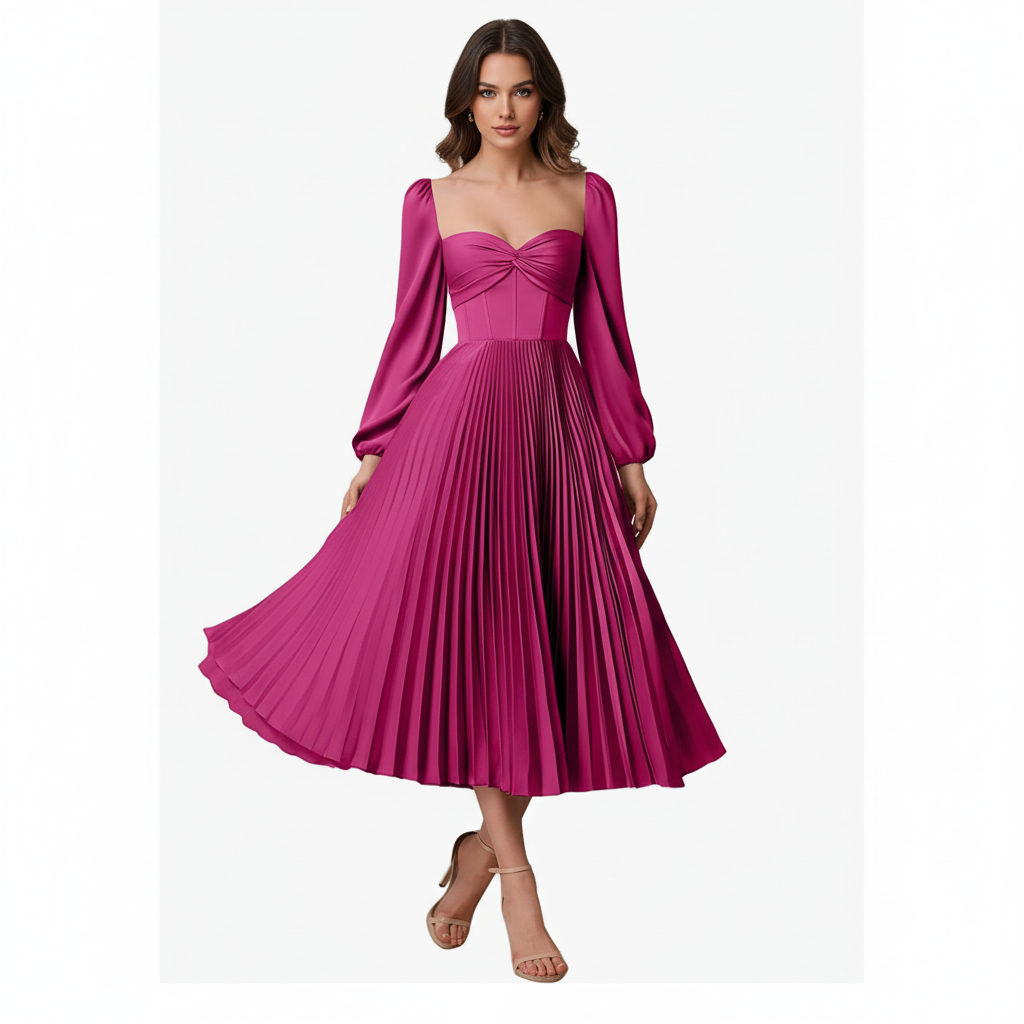 Elegant Pleated Sweetheart Midi Dress – Fuchsia Bloom