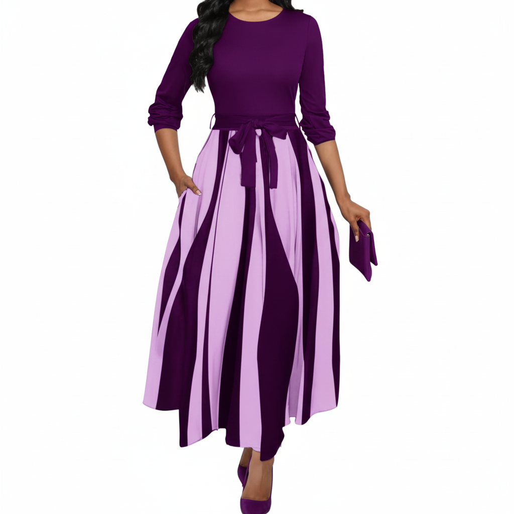 Royal Stripe Elegance A-Line Midi Dress