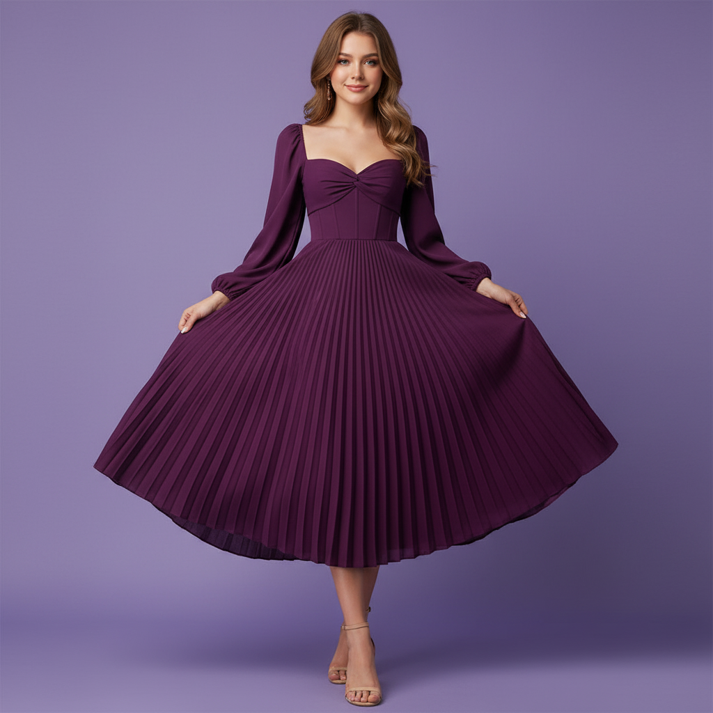 Elegant Pleated Sweetheart Midi Dress – Fuchsia Bloom