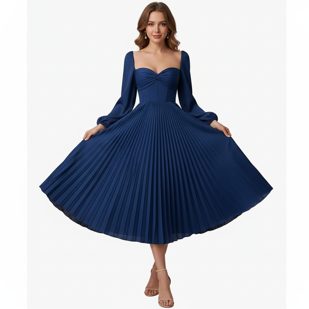 Elegant Pleated Sweetheart Midi Dress – Fuchsia Bloom