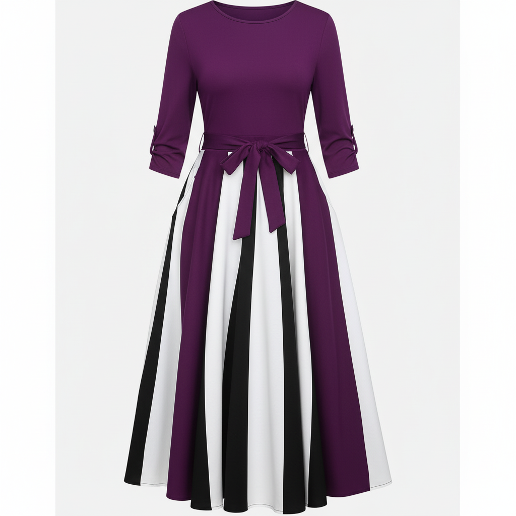 Royal Stripe Elegance A-Line Midi Dress