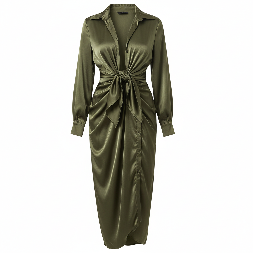 Luxe Tie-Front Satin Midi Dress – Olive Elegance