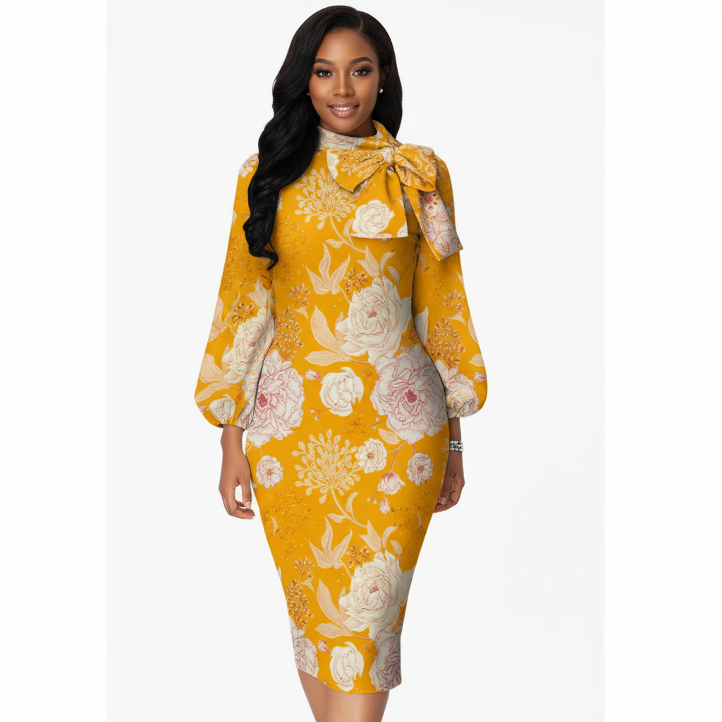 Midnight Garden Floral Bow-Neck Midi Dress