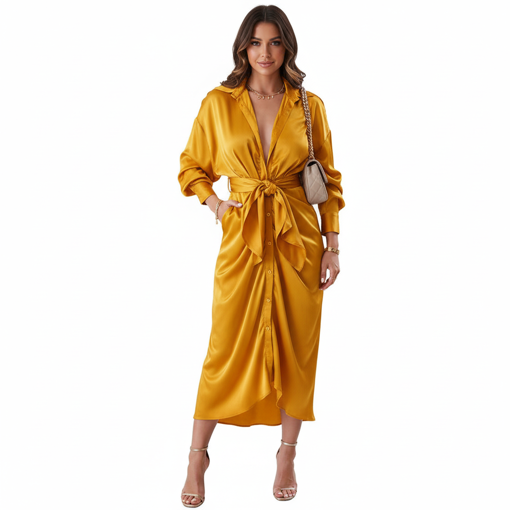 Luxe Tie-Front Satin Midi Dress – Olive Elegance