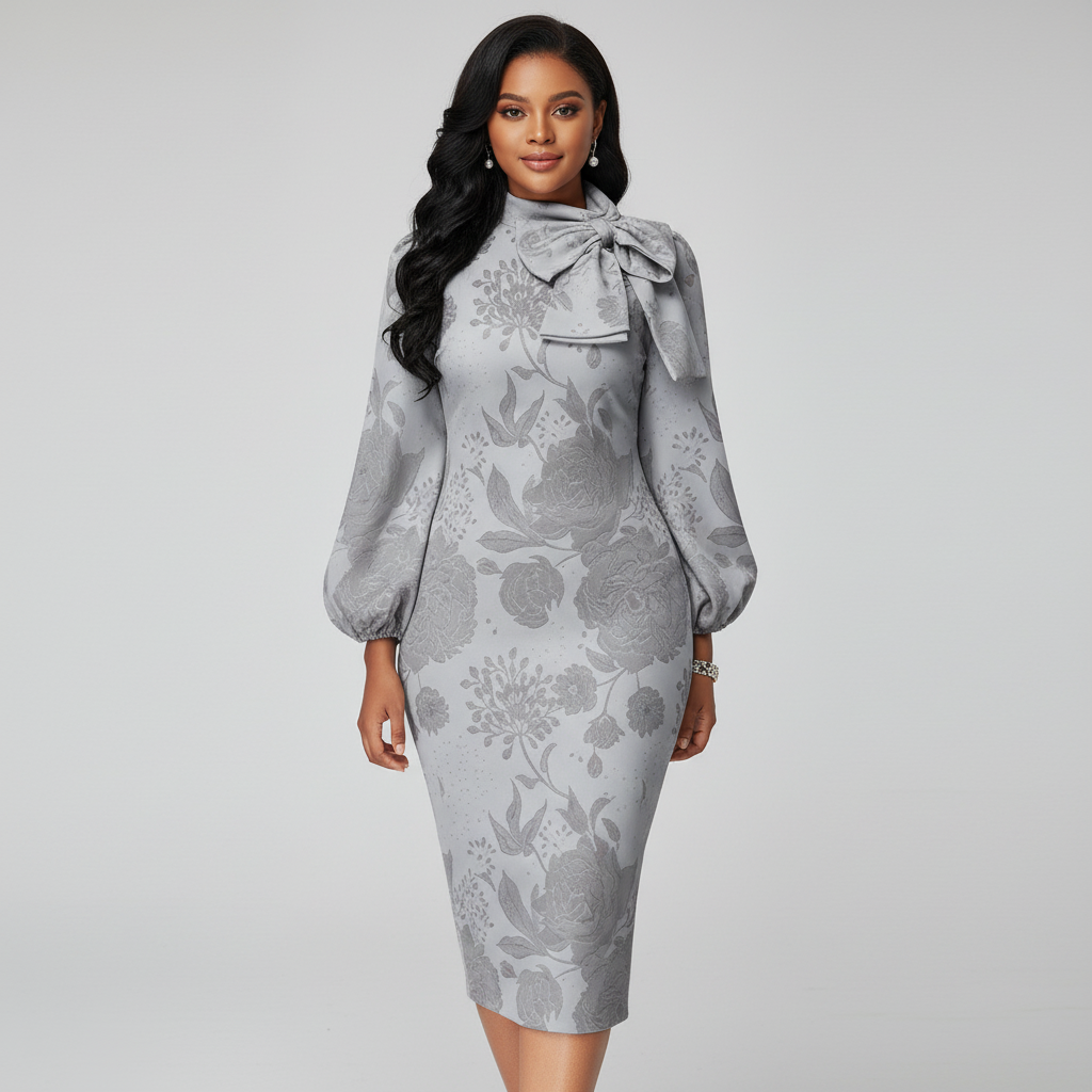 Midnight Garden Floral Bow-Neck Midi Dress