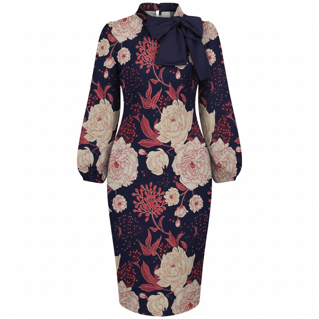 Midnight Garden Floral Bow-Neck Midi Dress