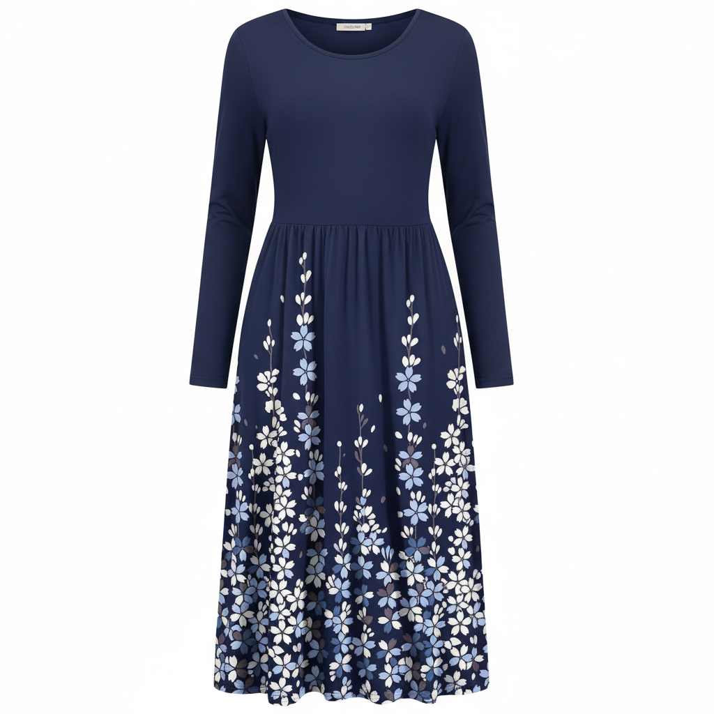 Midnight Blossom Long Sleeve Floral Midi Dress