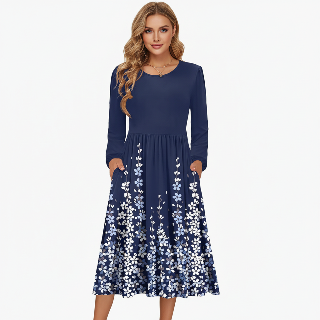 Midnight Blossom Long Sleeve Floral Midi Dress