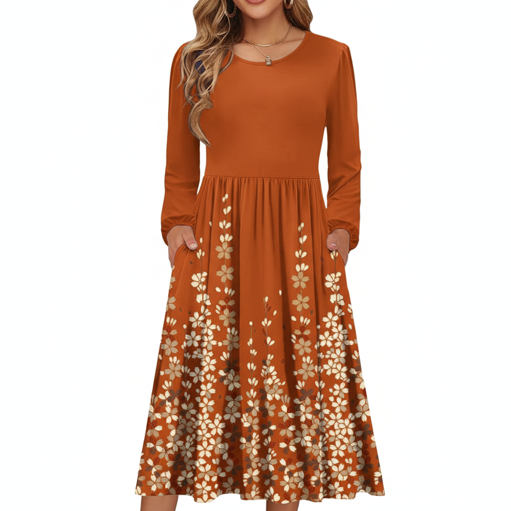 Midnight Blossom Long Sleeve Floral Midi Dress
