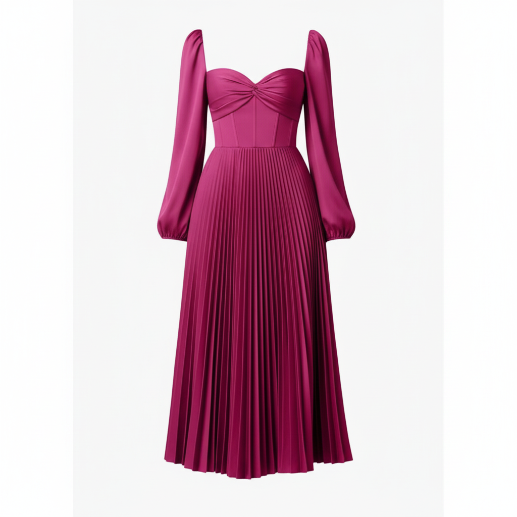 Elegant Pleated Sweetheart Midi Dress – Fuchsia Bloom